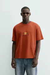 Camiseta de manga corta y cuello redondo, color terracota, con un pequeño bordado de una flor amarilla y la inscripción "Abstract Harmony" en el pecho.