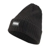 Gorro tipo beanie de punto acanalado en color negro, con vuelta y parche frontal con el logo de la marca.
