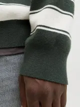 Polo tejido de manga larga con calce holgado, diseño a rayas horizontales en verde y blanco, cuello tipo polo con cierre de botones y puños acanalados.