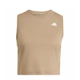 Top deportivo Adidas modelo We Tank, color beige, sin mangas, con cuello redondo y el logo de la marca estampado en blanco en el pecho.