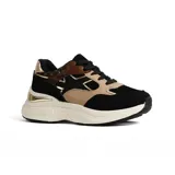 Sneaker de mujer con plataforma gruesa color crema, diseño chunky y combinaciones de colores negro, beige, marrón con estampado animal print y detalles metálicos dorados en el talón y laterales.
