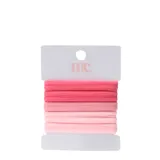 Pack de cinco gomitas elásticas para el cabello en degradé de tonos rosados, desde un fucsia intenso hasta un rosa pastel.