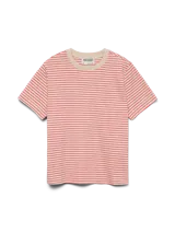Remera de manga corta con hombros caídos y cuello redondo, confeccionada en tejido de punto de algodón orgánico con diseño de rayas horizontales.