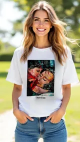 Remera blanca de algodón con estampa frontal que reproduce la obra de arte "Abrazo" de la artista Carolina De Cunto, de corte clásico y manga corta.