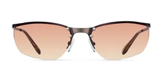 Lentes de sol con diseño envolvente, montura de acero inoxidable en color gris oscuro y lentes de nylon en tono marrón degradado. Presentan una estructura superior metálica con detalles de remaches y patillas con terminaciones en acetato.