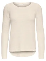 Sweater de punto con cuello redondo y manga larga, de corte regular y diseño con ruedo ligeramente más largo en la parte posterior.