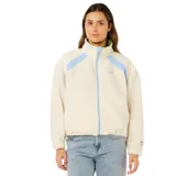 Campera reversible de polar tipo sherpa, con diseño de cuello alto y cierre frontal. Presenta paneles en color celeste en la parte superior y cuerpo en tono beige, con un corte relajado y funcional para actividades al aire libre.