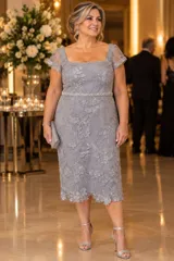 Vestido midi de tul bordado color gris, con escote cuadrado, mangas cortas traslúcidas y detalle de aplique de perlas y lentejuelas en la cintura.