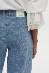 Jean wide leg de tiro alto en jacquard de algodón con diseño estampado en tono azul claro.