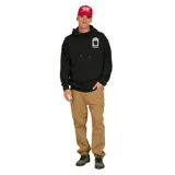 Canguro Volcom de color negro con capucha ajustable con cordones, bolsillo frontal tipo canguro y un pequeño estampado gráfico blanco en el pecho.