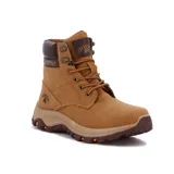 Bota acordonada color camel con suela marrón y detalles en naranja.