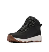 Bota de senderismo Columbia modelo Newton Wander Ltr, color negro con detalles en blanco y suela color caramelo. Fabricada en cuero impermeable con tecnología Omni-Tech y sistema de amortiguación Omni-MAX.