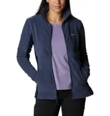 Campera polar de mujer con cierre completo frontal, cuello alto y bolsillos laterales. Presenta un diseño entallado con paneles laterales en un tono de azul más oscuro y el logo de la marca bordado en el pecho.