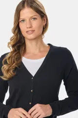 Saco tejido fino de hilo de algodón color beige, con cuello en V, cierre frontal con botones y puños acanalados.