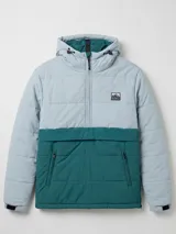 Campera tipo canguro con capucha, diseño bicolor en tonos gris claro y verde petróleo. Cuenta con cierre frontal parcial, bolsillo delantero amplio con cierre y ajuste en los puños.