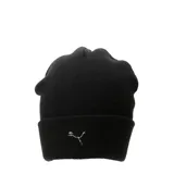 Gorro tipo beanie de punto acanalado en color negro, con diseño de corona alta y logo metálico de Puma en la parte frontal.
