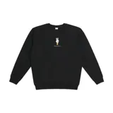 Buzo negro de corte clásico con cuello redondo y puños y cintura acanalados. Estampado pequeño en el pecho de una mano haciendo el signo de la paz.