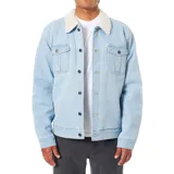 Campera de jean color celeste con cuello de sherpa blanco, cierre frontal con botones metálicos y bolsillos de parche en el pecho.