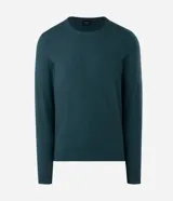 Suéter básico de punto color verde oscuro, de manga larga, con cuello redondo y puños y bajo acanalados.