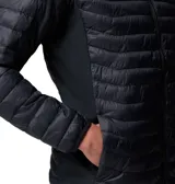 Campera híbrida Columbia con capucha, diseño acolchado en el frente y espalda, y paneles laterales elásticos. Cuenta con cierre frontal completo, bolsillos laterales con cremallera y tecnología Omni-Shield repelente al agua.