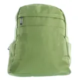 Mochila urbana de diseño minimalista en color verde, con compartimento principal con cierre, bolsillo frontal con cierre y bolsillos laterales. Cuenta con tiradores metálicos y estructura de tela resistente.