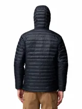 Campera puffer con capucha marca Columbia, modelo Powder Pass Hooded, en color negro con diseño acolchado horizontal. Cuenta con cierre frontal y el logo de la marca bordado en el pecho.