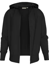 Buzo con capucha y cierre frontal completo, color negro, con puños y dobladillo en punto canalé. Presenta una cinta decorativa con el logo de la marca a lo largo de la cremallera.