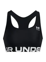Top deportivo Under Armour de soporte medio, color negro con banda elástica inferior con logo de la marca en blanco. Diseño tipo jersey con espalda cruzada y tejido HeatGear de secado rápido.