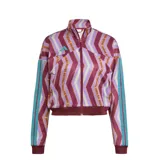 Campera deportiva Adidas de la colaboración con Farm Rio, con cierre frontal, cuello alto y diseño estampado de rayas en zigzag en tonos bordó, violeta y crema. Presenta detalles en turquesa en las mangas y puños y cintura de tejido acanalado.