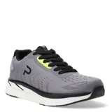 Championes deportivos Push de hombre, en color gris con detalles en negro y amarillo neón. Presentan un diseño de malla transpirable, cierre con cordones negros y suela bicolor blanca y negra.