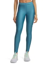 Calza deportiva Under Armour HeatGear de tiro medio, color turquesa, con cintura elástica ancha estampada con el logo de la marca y ajuste ceñido al cuerpo.