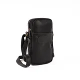 Bolso bandolera pequeño de cuero negro, ideal para llevar el móvil, tarjetas y maquillaje. Cuenta con cierre superior, bolsillo interno, bolsillo externo y correa ajustable.