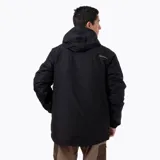 Campera técnica Merrell Ezeo 3-in-1 de color negro, diseñada para condiciones climáticas variables. Este sistema modular incluye una capa exterior impermeable con membrana 10K/10K, costuras termoselladas y tejido ripstop de poliéster reciclado, junto con una chaqueta interior insulada. Presenta capucha ajustable, ventilación axilar, codos preformados y múltiples bolsillos frontales.
