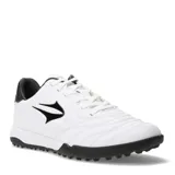 Championes de fútbol 5 Topper modelo San Ciro V TF, color blanco con detalles en negro. Presentan una capellada de material sintético con costuras reforzadas en la puntera para mayor durabilidad y control, cierre con cordones y suela de goma con tapones pequeños diseñada para césped artificial.