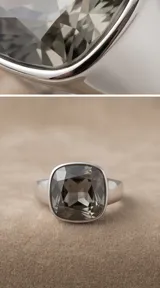 Anillo de plata con cristal cuadrado gris facetado de corte grande.