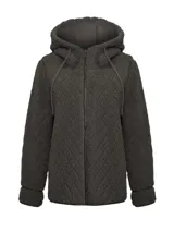 Campera de polar con diseño acolchado en rombos, color verde oscuro. Cuenta con cierre frontal, capucha con cordones ajustables y detalles en cuero en los bolsillos y terminaciones.