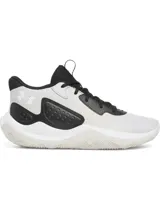 Championes de básquetbol Under Armour Jet 23, con diseño de materiales mixtos en blanco y negro. Presentan entresuela Micro G para amortiguación y suela de goma con patrón de tracción para mayor agarre.