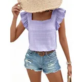 Blusa de color amarillo con textura fruncida, cuello cuadrado y mangas cortas con volados.