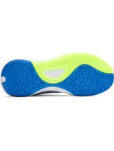 Championes de básquetbol Under Armour modelo Lockdown 7, con diseño en tonos azul, gris y detalles en verde lima. Presentan parte superior de malla transpirable con superposiciones de cuero sintético, entresuela de EVA para mayor amortiguación y suela de caucho con patrón de tracción en espiga.