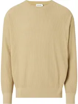 Sweater de algodón orgánico color beige, con cuello redondo y textura acanalada vertical. Presenta puños y dobladillo con punto canalé.