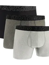 Pack de tres boxers Under Armour en colores negro, gris oscuro melange y gris claro melange, con cintura elástica ancha con el logo de la marca.