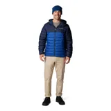 Campera acolchada con capucha, diseño bicolor en tonos azul marino y azul eléctrico. Cuenta con cierre frontal completo, bolsillos laterales con cremallera, puños elásticos y tecnología termorreflectante.
