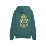 Buzo con capucha Puma, color verde esmeralda, con bolsillo frontal tipo canguro y estampa circular con diseño de sol y logo de la marca en el pecho.
