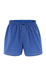 Calzoncillo tipo bóxer de tela a cuadros azules y blancos, con cintura elástica.