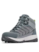 Botas de trekking Columbia modelo Strata Trail Mid Wp, color gris con detalles en verde lima. Diseñadas con tecnología impermeable Omni-Tech y suela Omni-Grip para mayor tracción en senderos.
