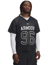 Musculosa deportiva Under Armour de malla perforada, color negro, con cuello en V y estampado frontal con la palabra 'ARMOUR' y el número '96'.