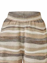 Short de punto tejido de tiro alto, con cintura elástica y diseño de rayas horizontales en tonos beige, blanco, marrón y celeste, marca RKF.
