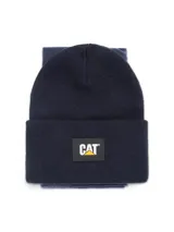 Gorro tipo beanie de tejido de punto color azul marino, con parche frontal con el logo de la marca Cat.