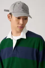 Remera tipo rugby de manga larga con diseño de rayas horizontales anchas en azul marino y verde. Presenta cuello polo en color blanco con tapeta de botones oculta y puños acanalados.