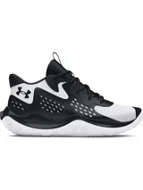 Championes de básquetbol Under Armour modelo Jet 23, con diseño bicolor en blanco y negro. Presentan una parte superior de materiales mixtos para mayor soporte y transpirabilidad, entresuela Micro G® para amortiguación y suela de goma con patrón de tracción anatómico.